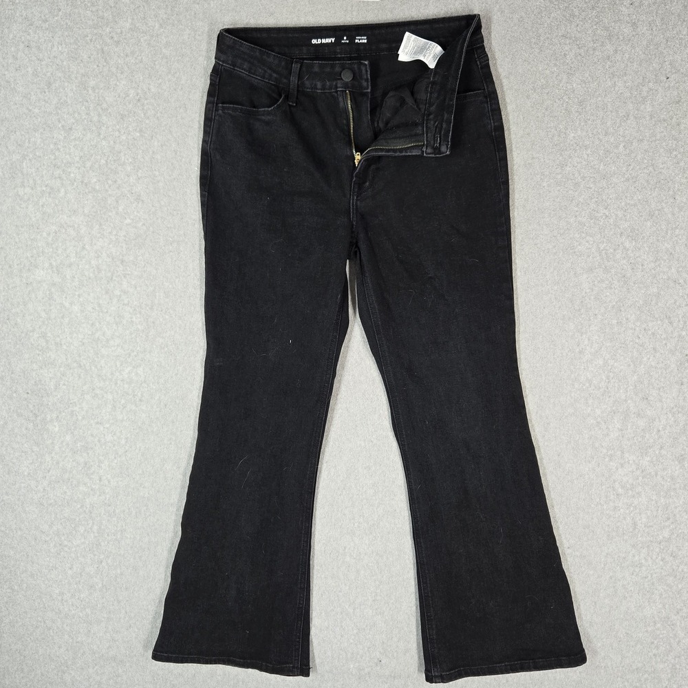 Old Navy Women Jeans 8 PETITE Black Denim Flared High Rise Pockets 27" Inseam